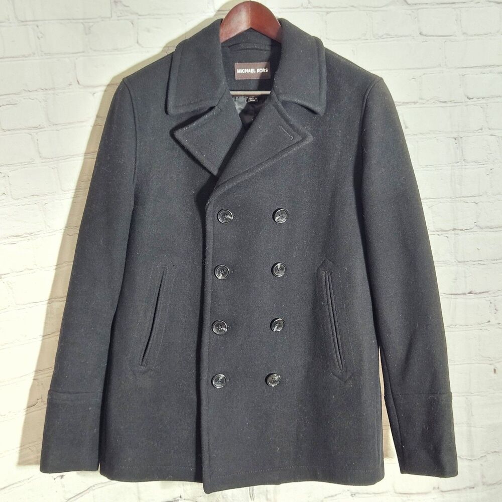 Michael Kors Wool Blend Pea Coat Men's M Black Double-Breasted Classic Winter